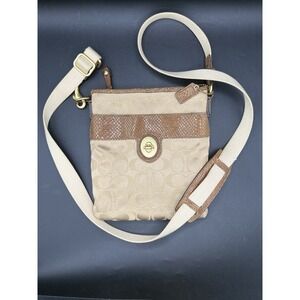 COACH Peyton Signature Khaki Canvas‎ Snakeskin Python Turnlock Swing Pack Bag